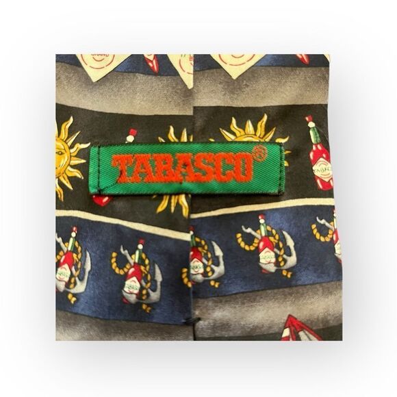 Tabasco Silk Tie Hot Sauce Nautical Vacation Cruise Wear Navy with Tabasco Print - Picture 2 of 5